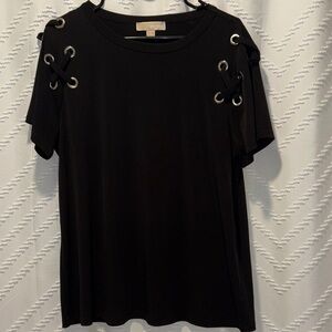 MICHAEL Michael Kors Black Short Sleeve Top with Grommet Lace-Up Shoulders
